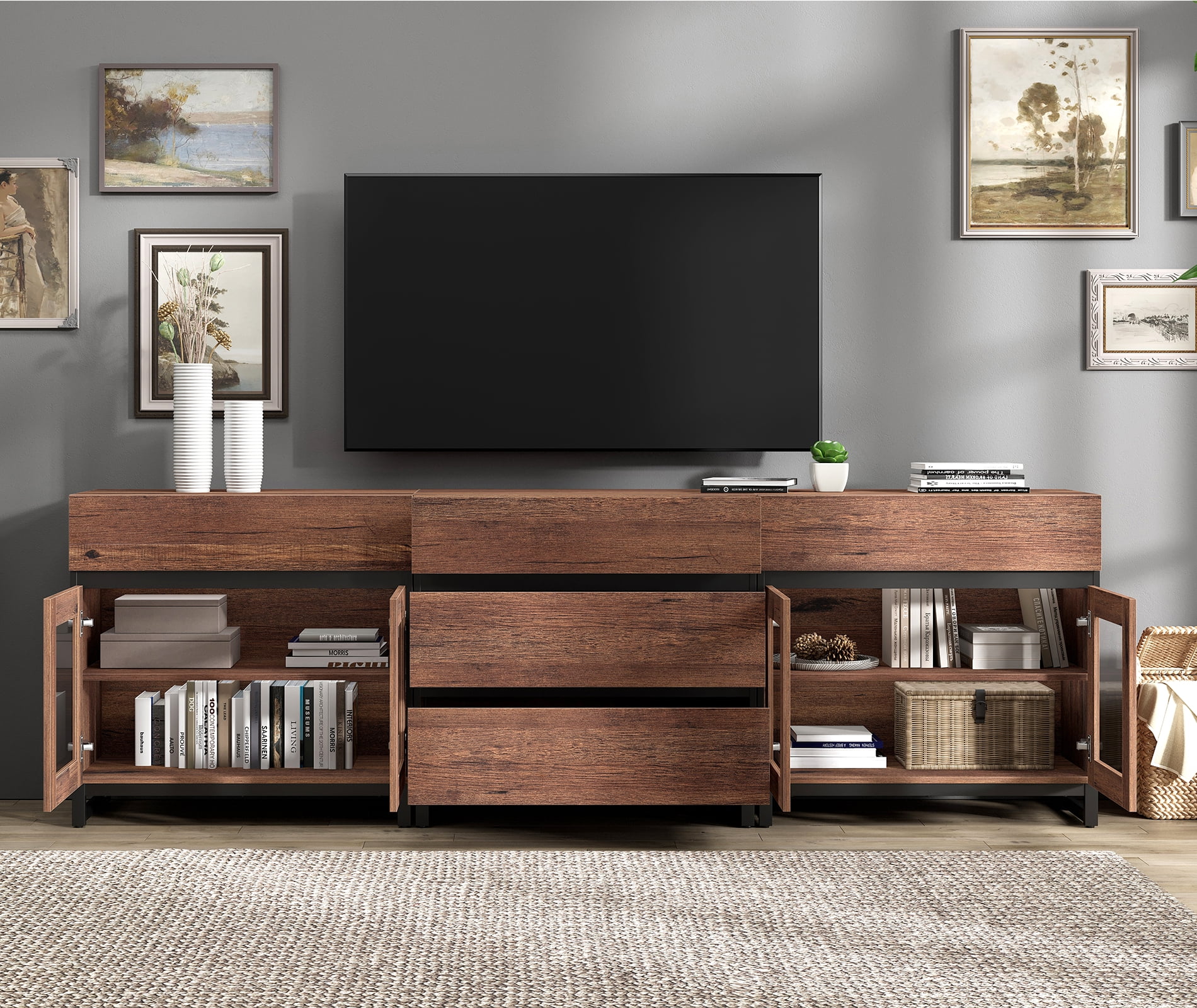 3 In 1 TV Stand For Tvs Up To 100 Inch, Modern TV Console With Glass Doors And 5 Drawers, Media Console With Adjustable Shelf For Living Room, Bedroom,Brown