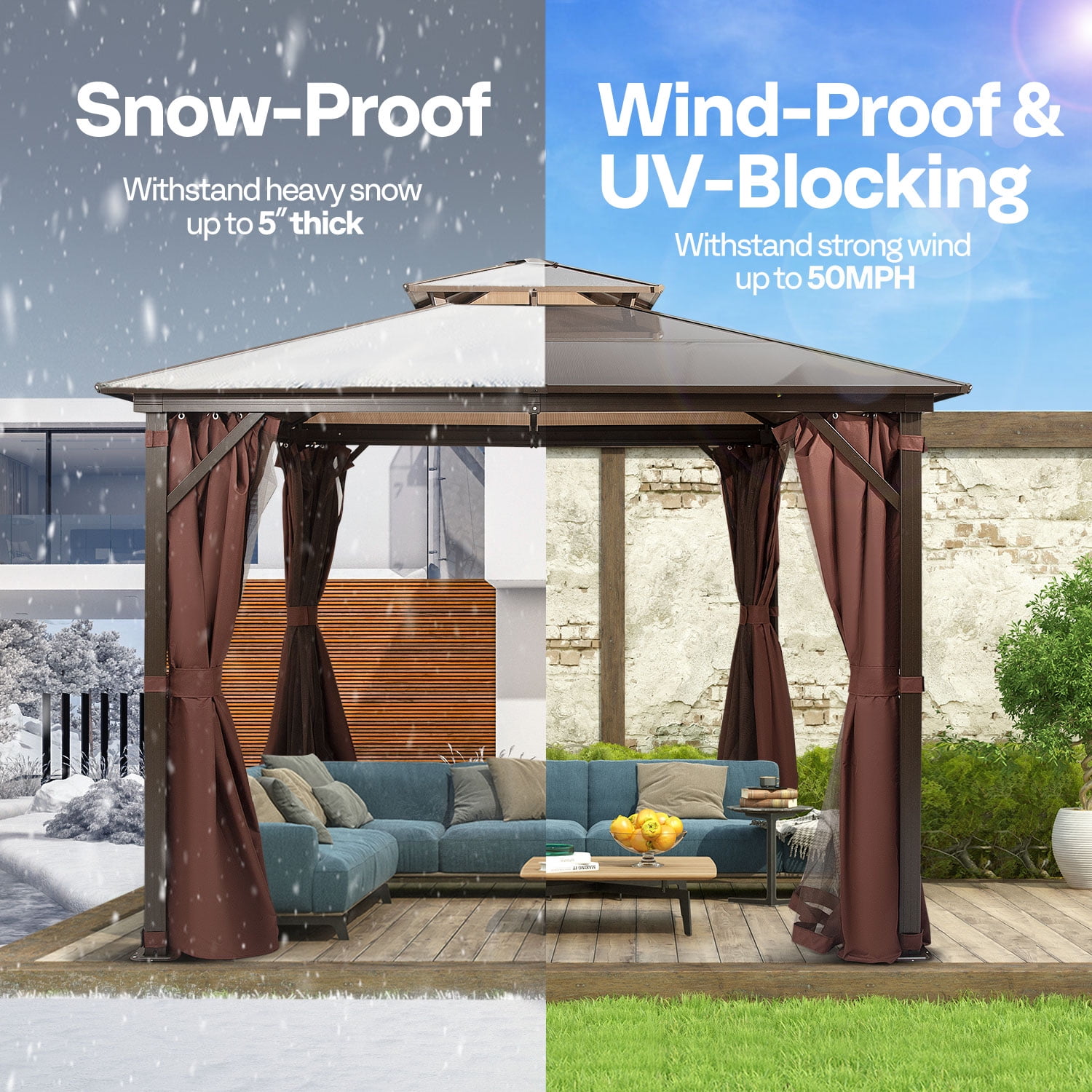 VIVOHOME 10' x 13' Double Roof Hardtop Gazebo, Polycarbonate Roof & Aluminum Alloy Frame with Netting & UV-Proof Privacy Curtain