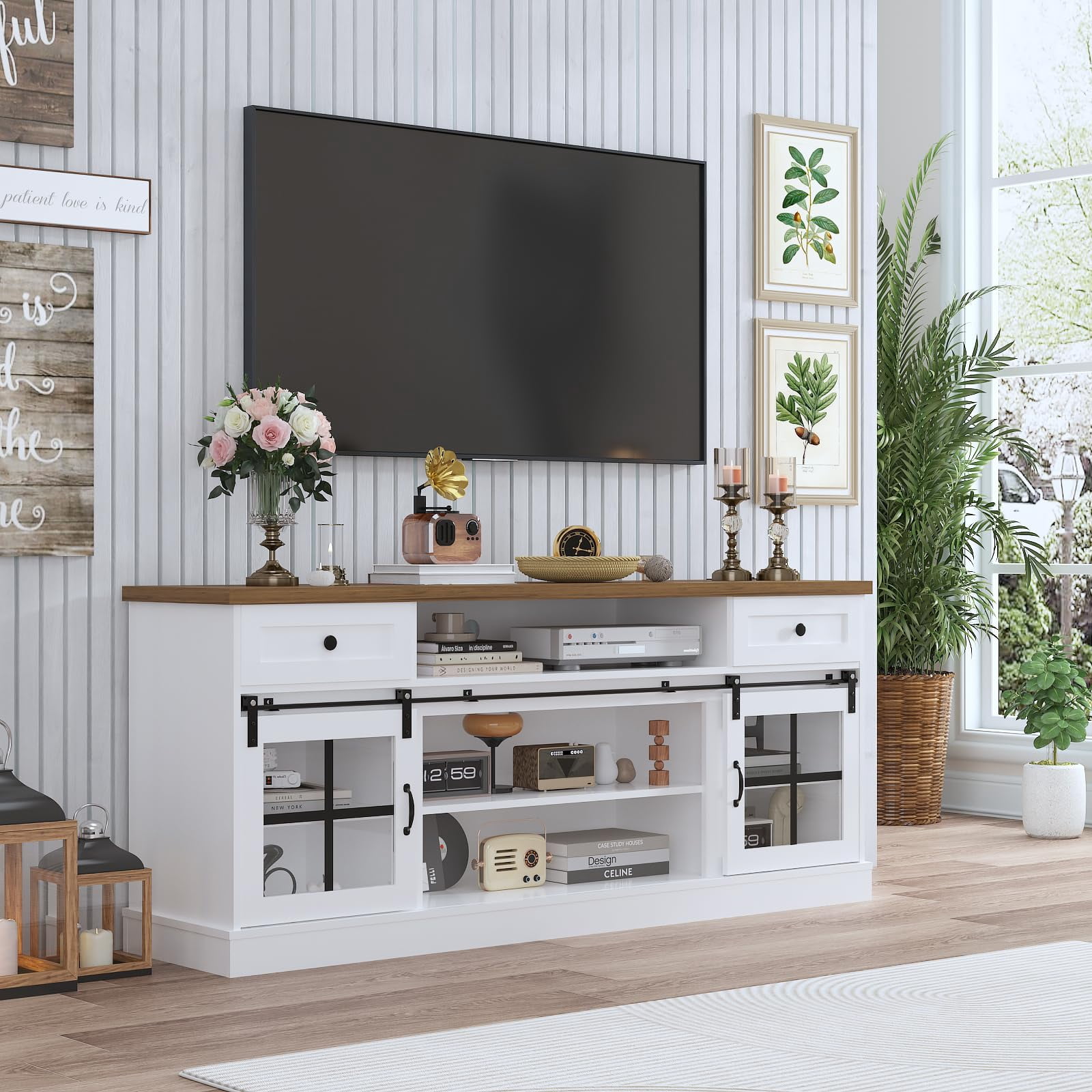 75-Inch Farmhouse Entertainment Center with Power Outlets, USB Ports & LED Lighting for Large Screens, Featuring 2 Drawers, Adjustable Shelves and Barn Doors, 66 Inch Wide, White+Brown Top