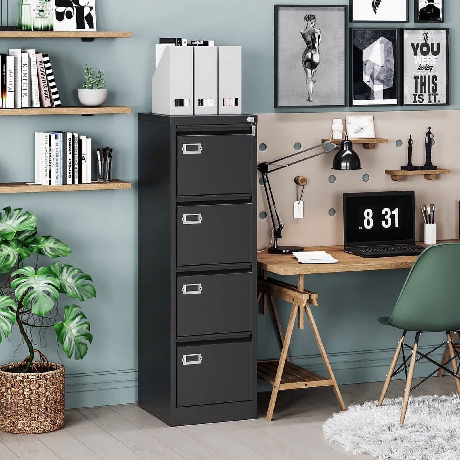MIIIKO 4 Drawer File Cabinet,Metal Vertical Filing Cabinets with Lock,Storage A4/F4/Letter/Legal for Home Office-Assembly Required (4 Drawer-Black)