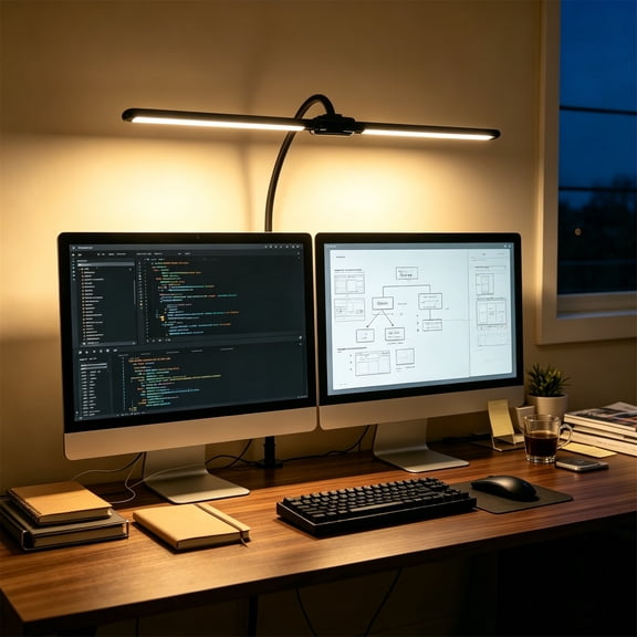 JUXIAO 28.7" LED Foldable Desk Lamp with Clamp, Eye Caring Dimmable Double Head Reading Light, 13W & 3 Color, 30 Lighting Models, Architect Desk Lamp for Home Office with Atmosphere Lighting, Black