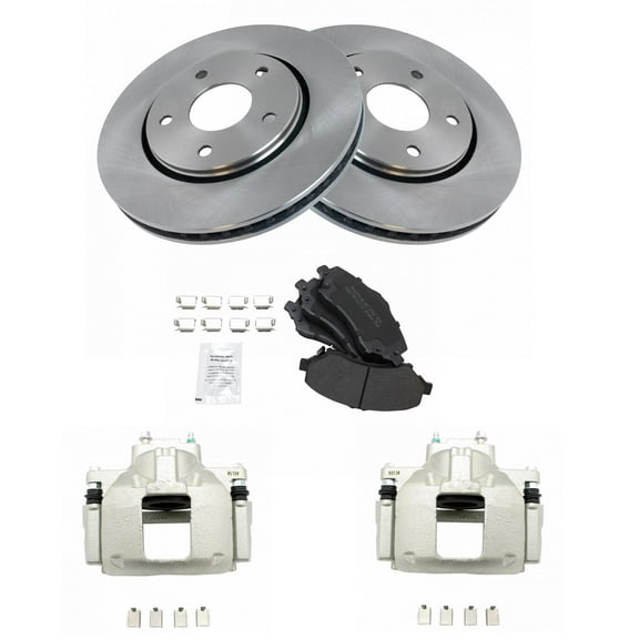 TRQ Front Disc Brake Rotor & Metallic Brake Pad with Calipers Fits Select 2012 Ram Cargo Van / 2008-2012 Dodge Grand Caravan / 2009-2012 VW Routan