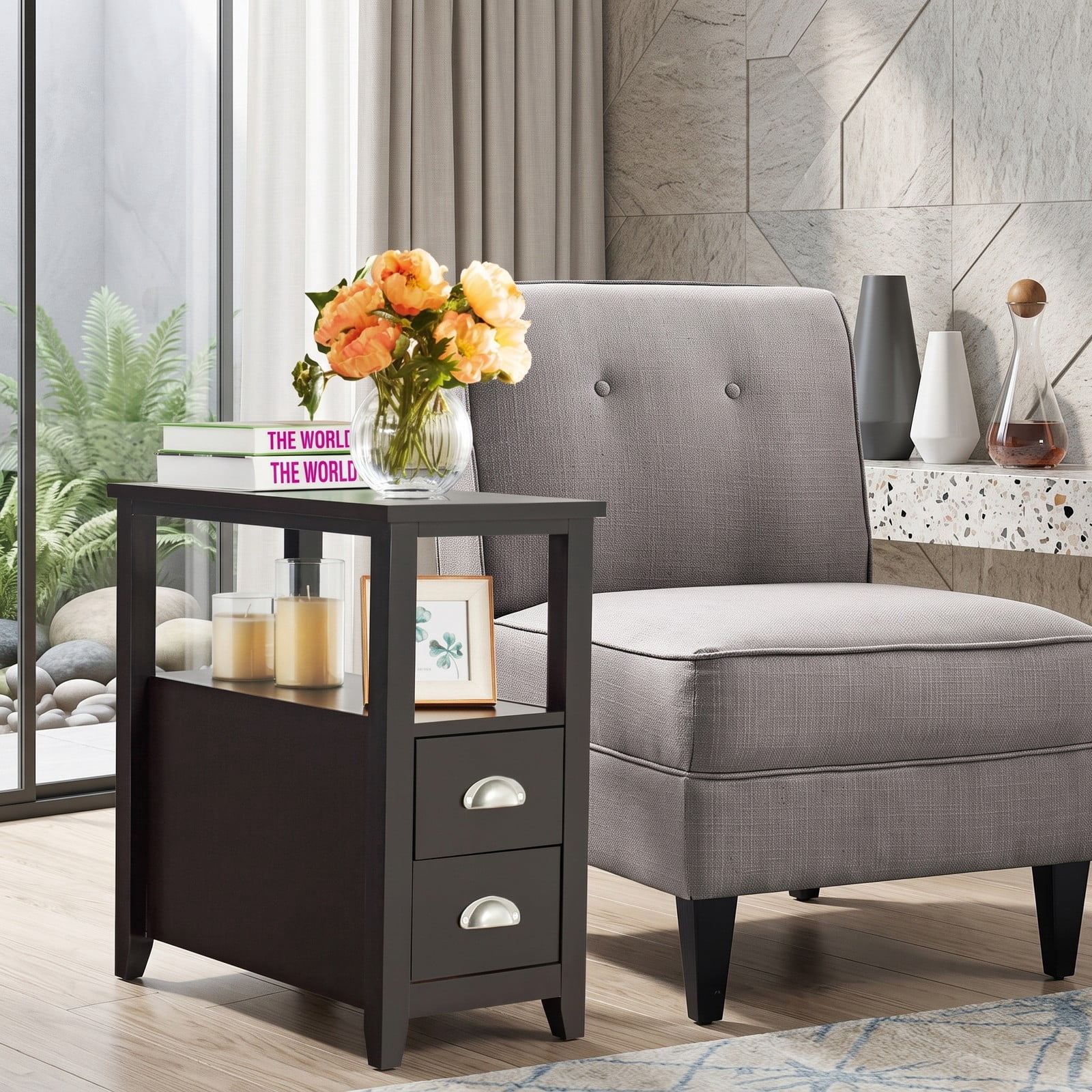 Furnibear Narrow Nightstand with 2 Drawers and Open Shelf Wooden Bedside End Table for Bedroom and Living Room, Dark Brown