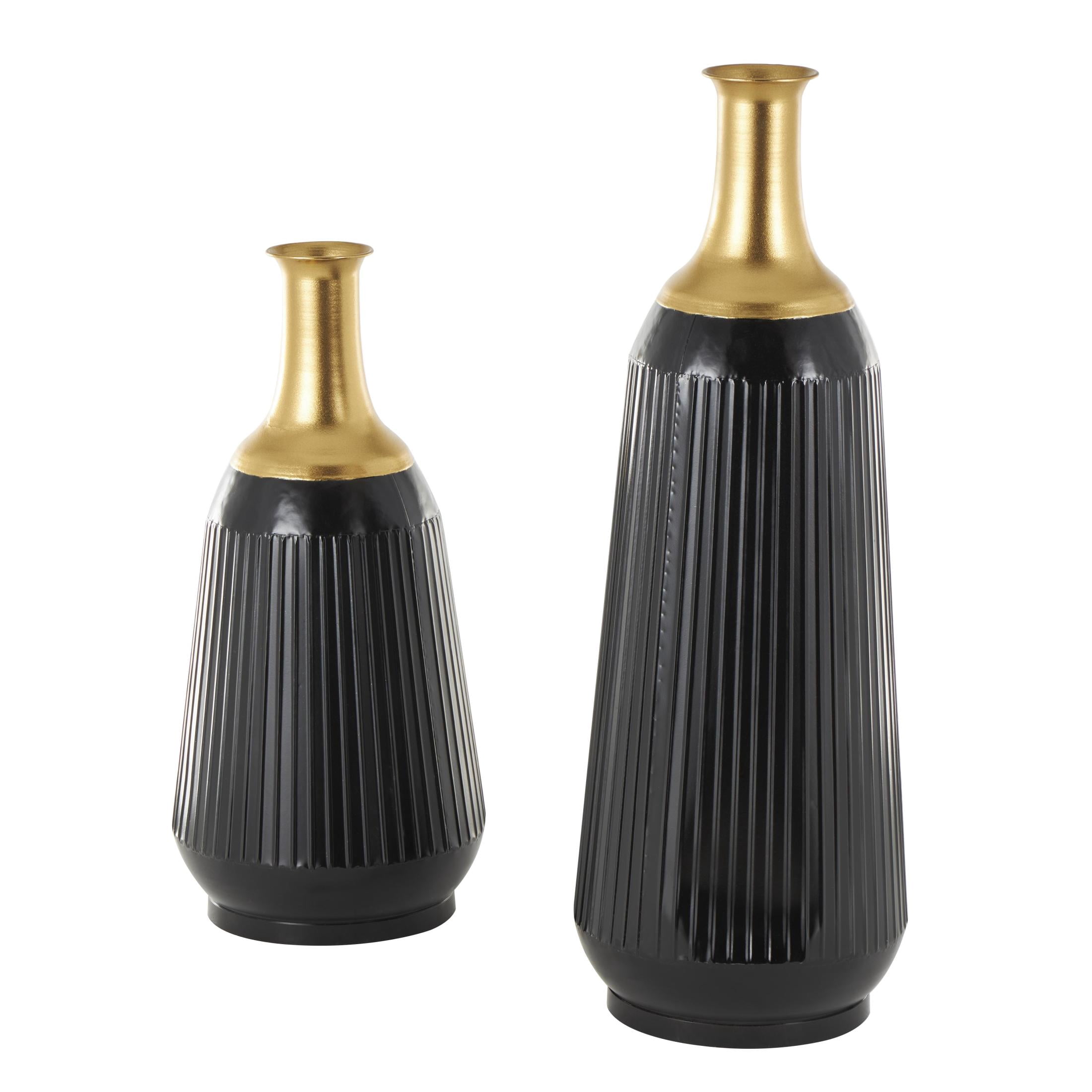 DecMode 30", 23"H Tall Ribbed Black Metal Vase with Gold Tops, Set of 2