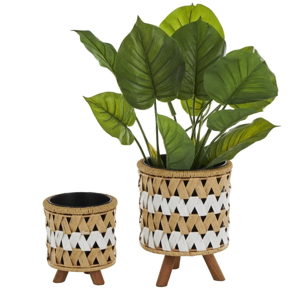 DecMode 13", 9"H Handmade Woven Chevron Brown Jute Rope Geometric Planter with Wooden Legs (2 Count)