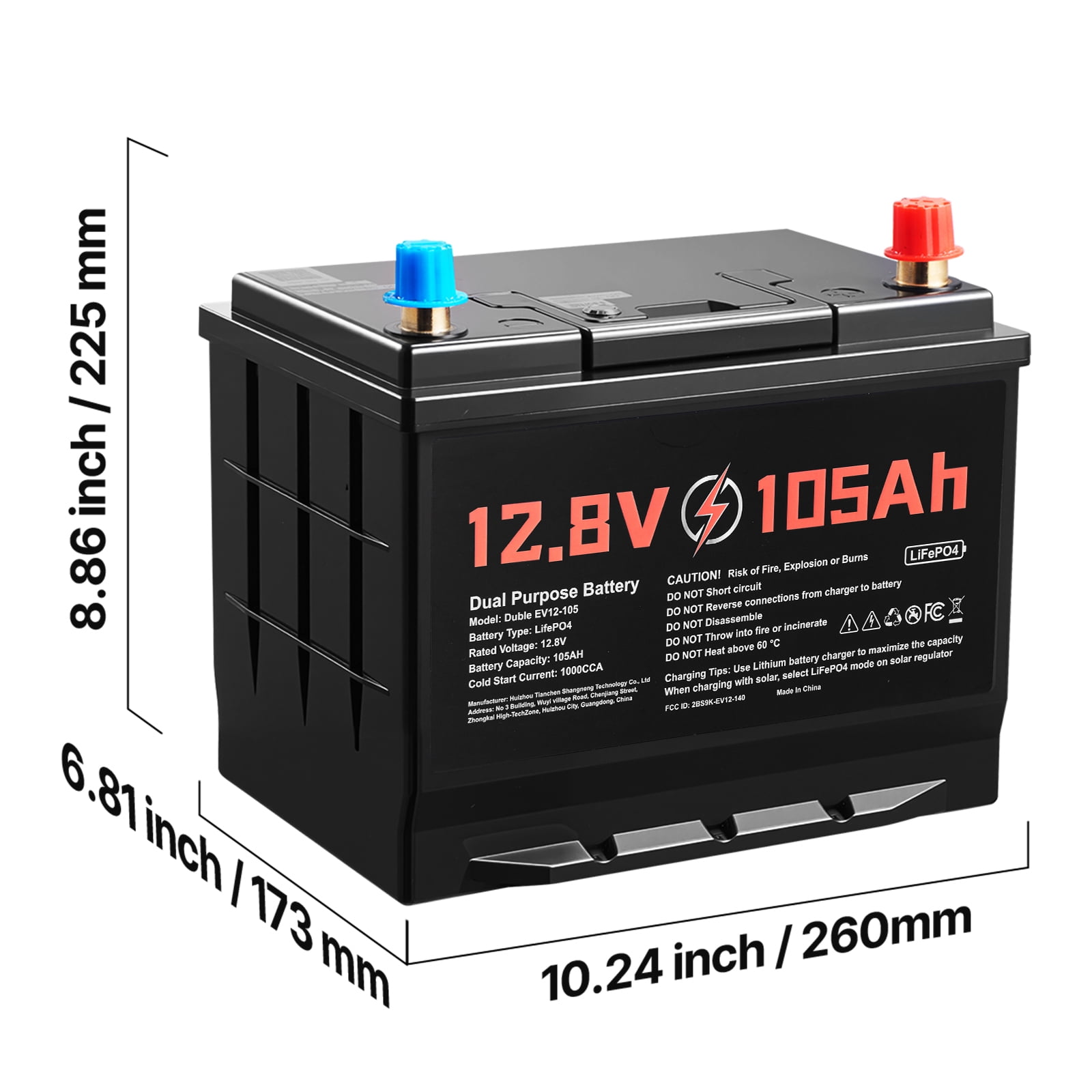 KFFKFF 12V 105Ah Dual Purpose LiFePO4 Lithium Battery, 1000 CCA Group 24, Lithium-ion Starter and Deep Cycle Battery with Smart BMS, Suitable for Cars, Trolling Motors, Marine, and RV Applications