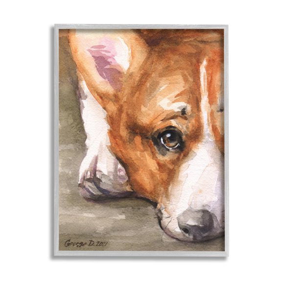 Stupell Industries Pleasant Corgi Puppy Dog Gazing Lying Down Painting Gray Framed Art Print Wall Art, Design by George Dyachenko