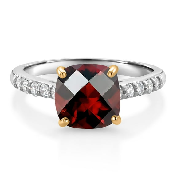 Gem Stone King 2.70 Ct Cushion Checkerboard Red Garnet G/H Lab Grown Diamond 10K White Gold Engagement Ring with Yellow Gold Prongs (Size 8)