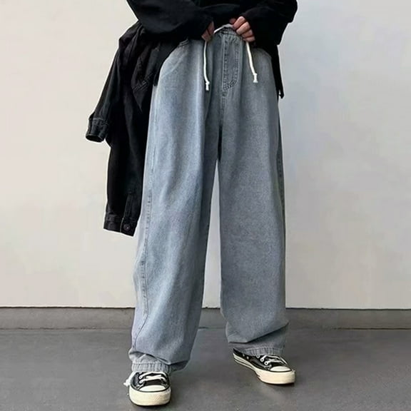MRULIC jeans for men Street Elastic Plus-Size Loose Leg Wide Pants Waist Men's Trousers Fashion Jeans Men's pants Men Jeans Blue   L
