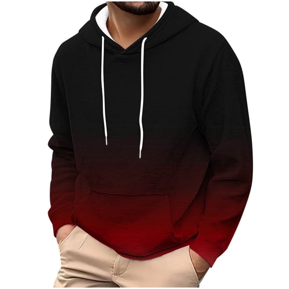 Men's Flannel Hoodies Fashion Gradient Color Printed Hooded Sweatshirts Fuzzy Fleece Long Sleeve Warm Pullover Hoodie Long Sleeve Workout Jackets with Kangaroo Pocket