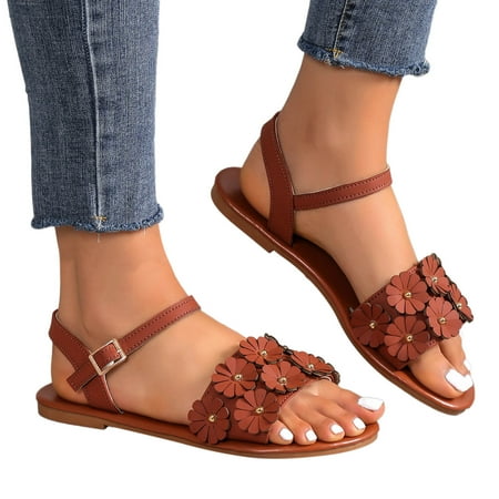 

WNVMWI Sandals Women Running Shoes for Women Beach Women s Dressy Sandals Brown Shoes Slippers Flip Flops Summer Casual Solid Vintage Handmade Flower Beach Large Size Flat Sandals Womens Sand Size 42