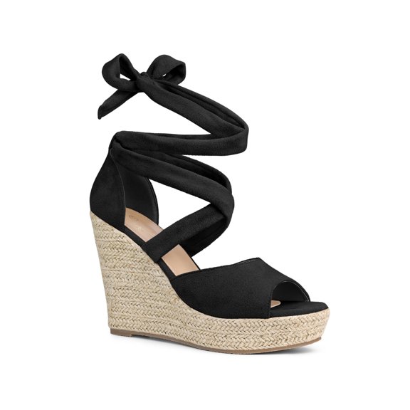 BLISSFUL STEP Lace Up Espadrilles Wedges Heels Sandals for Women Black 7
