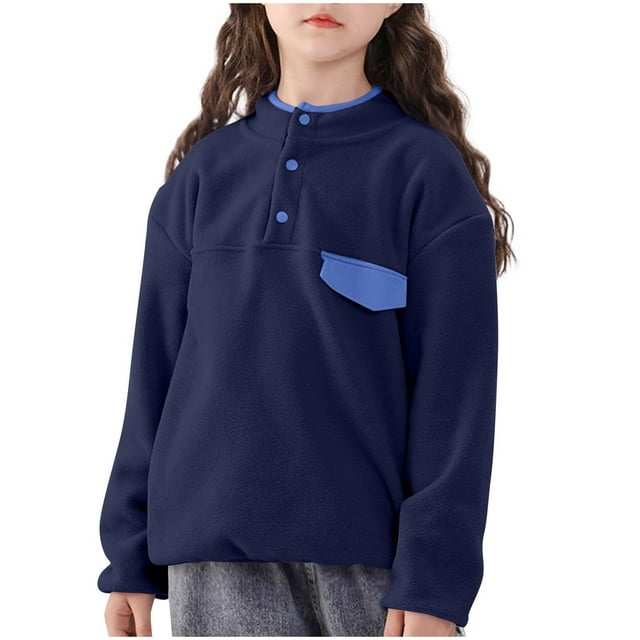 ZACPNCV Girls Fuzzy Fleece Pullover Sherpa Sweatshirt Long Sleeve Button Down Sweater Jacket with Pockets Navy 14-15 Years