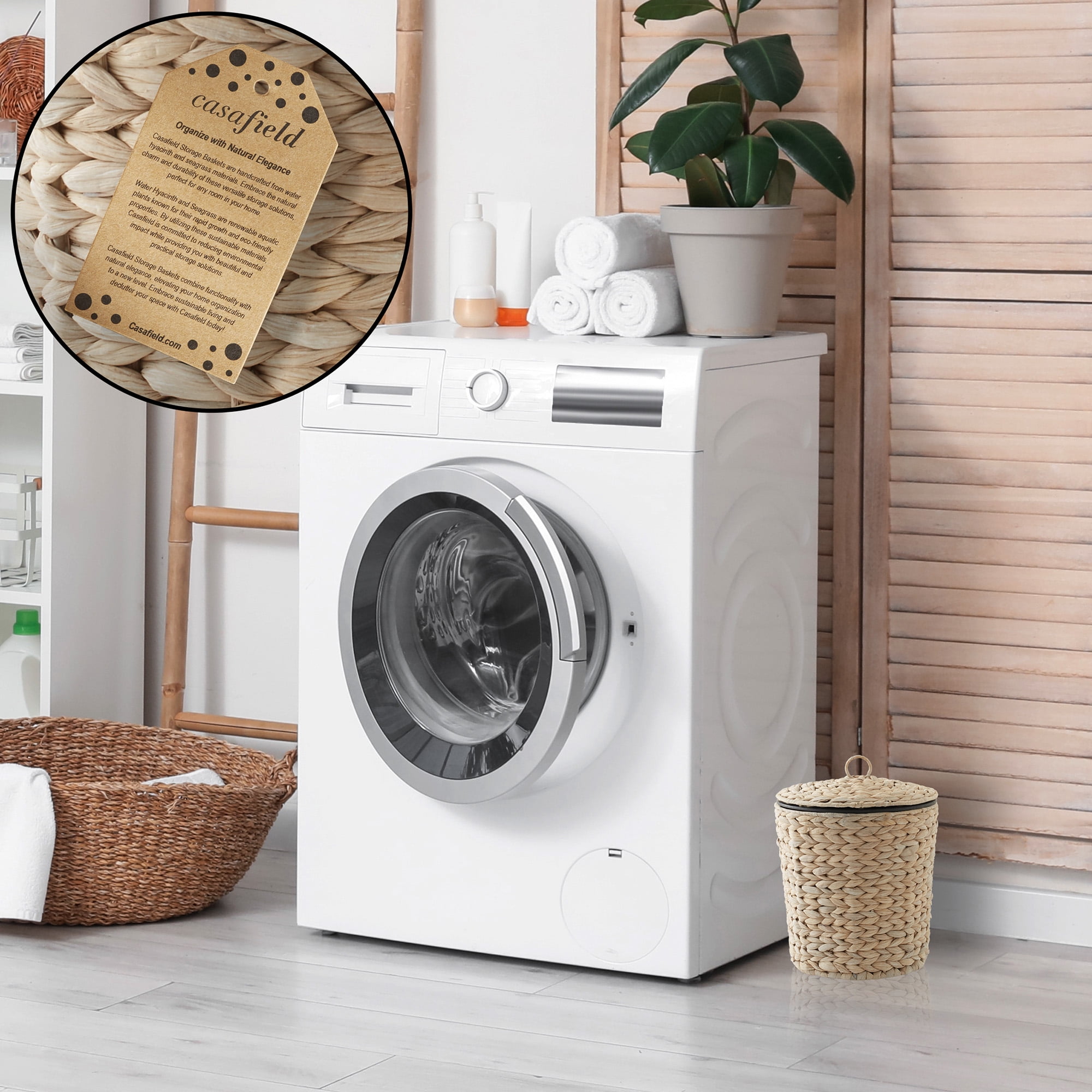 Casafield Hyacinth Trash Can with Lid and Liner, Whitewash White Wicker Waste Basket for Garbage in the Bathroom, Bedroom, Laundry Room, Home Office