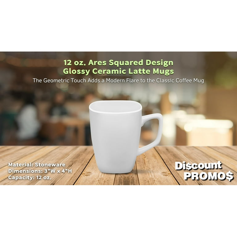 10 Ares Glossy Ceramic Latte Mugs Set, 12 oz. - Stoneware, Glossy, Durable,  C-handle - White 