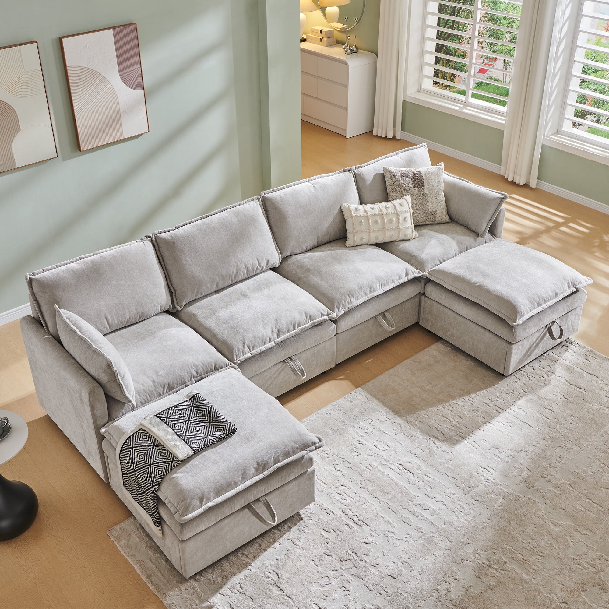 wow97e Modern Sectional Couch Set for Living Room, U-Shaped Cloud Sofa Couch with Large Storage, Chenille Fabric, 4 Seat Couch with 2 Movable Ottomans