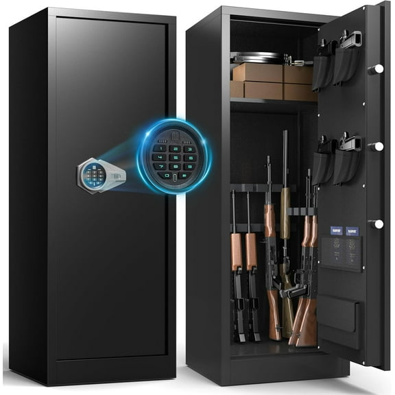 Gun Safe, 10-12 Gun Cabinet with Removable Shelf, Large Long Gun Safe for Rifles and Pistols with Digital Backlit Keypad, Quick Access Big Gun Locker with Dual Alarm,  Safes for Home