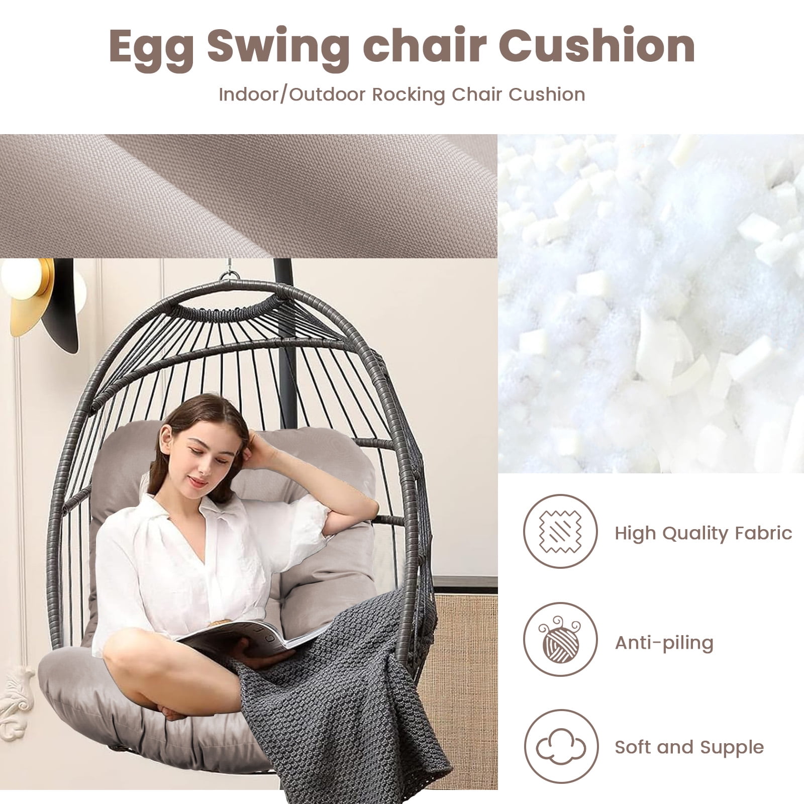 Egg Chair Cushion Replacement, Waterproof Hanging Basket Seat Cushion, U-Shape Swing Chair Cuhsion 37x49 Inches for Indoor Outdoor Patio Porch Furniture (Only Cushion)