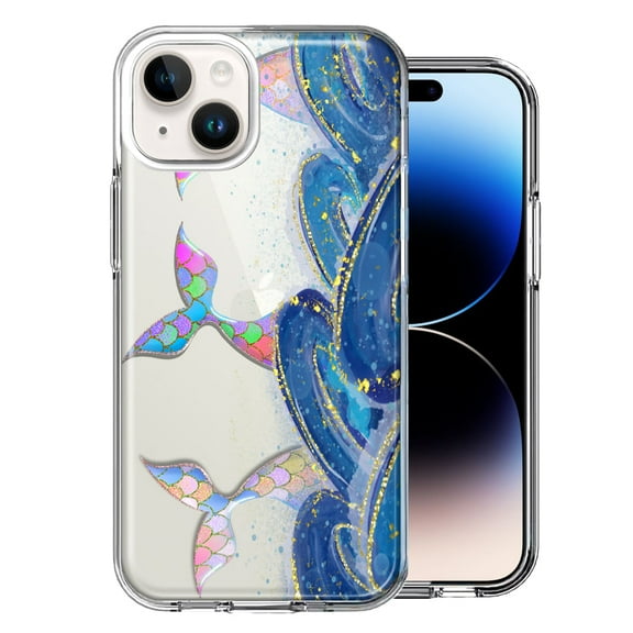 MUNDAZE Case for Apple iPhone 15 Hybrid Shockproof Slim Hard Soft TPU Shell Heavy Duty Protective Phone Cover - Rainbow Mermaid Tails Scales Ocean Waves Beach Girls Summer