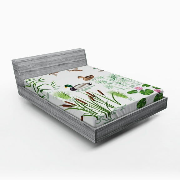 Ambesonne Duck Fitted Sheet, Lake Animals Plants, Queen Size, White Green