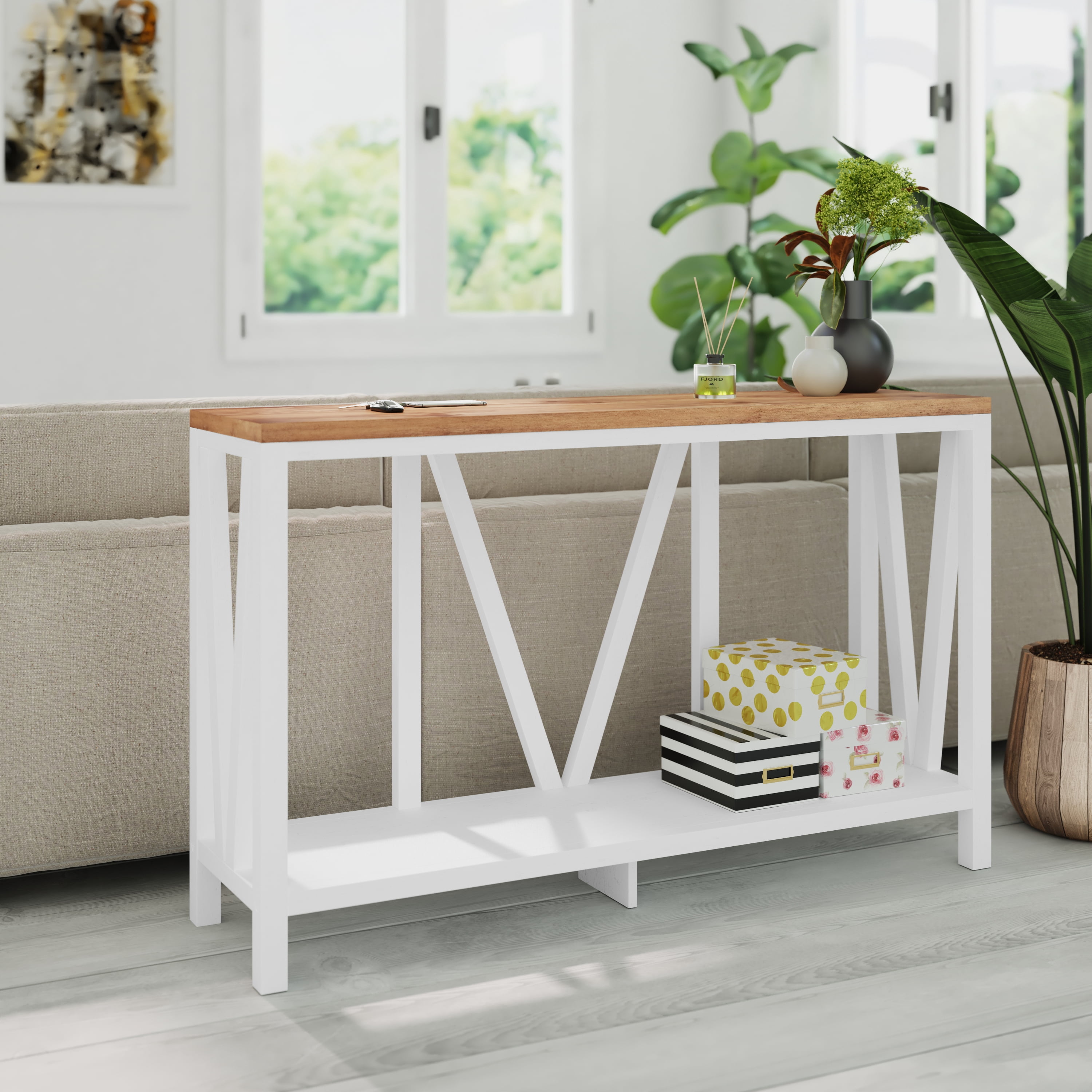 Emma + Oliver Modern Farmhouse Entryway Console Accent Table in White with Rustic Oak Finished Wood Top