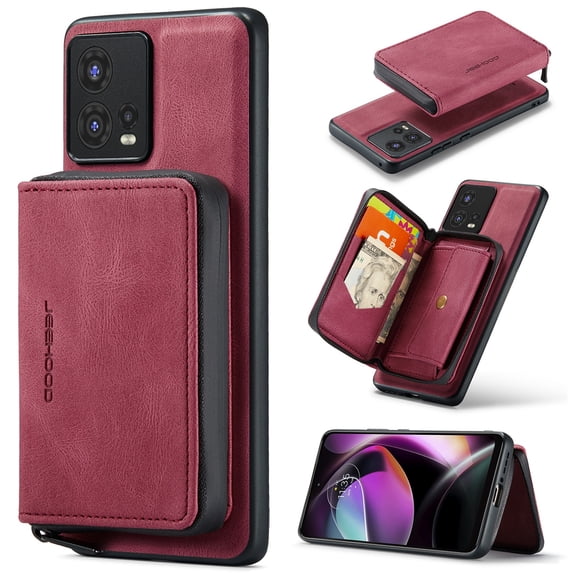 SaniMore Case for Motorola Moto S30 Pro 6.55" 2022, PU Leather Case Detachable Magnetic Zipper Wallet Card Slots Kickstand Wireless Charging Anti-drop Shockproof 360°Protection Case, Red