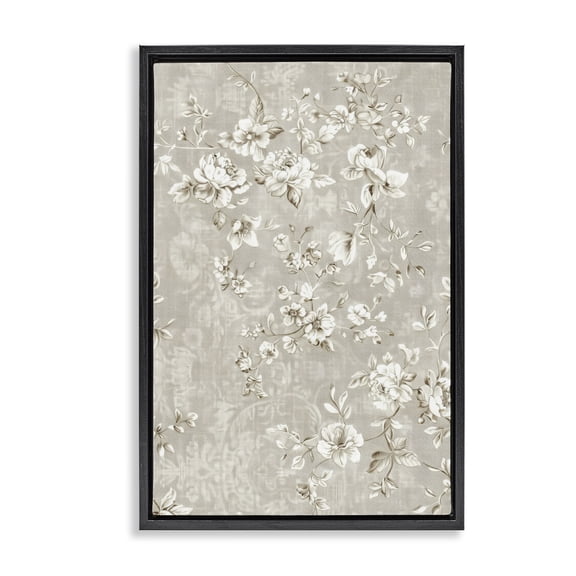 Stupell Industries French Country White Flowers over Damask Black Floating Frame Canvas Art, 17 x 25, by Creative Studio
