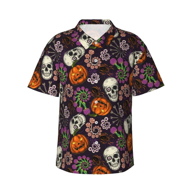 Fotbe Halloween With Skull Camisa Hawaiana para Hombre Unisex – Camisa Casual de Verano con Botones de Manga Corta de Algodón y Lino,Medium