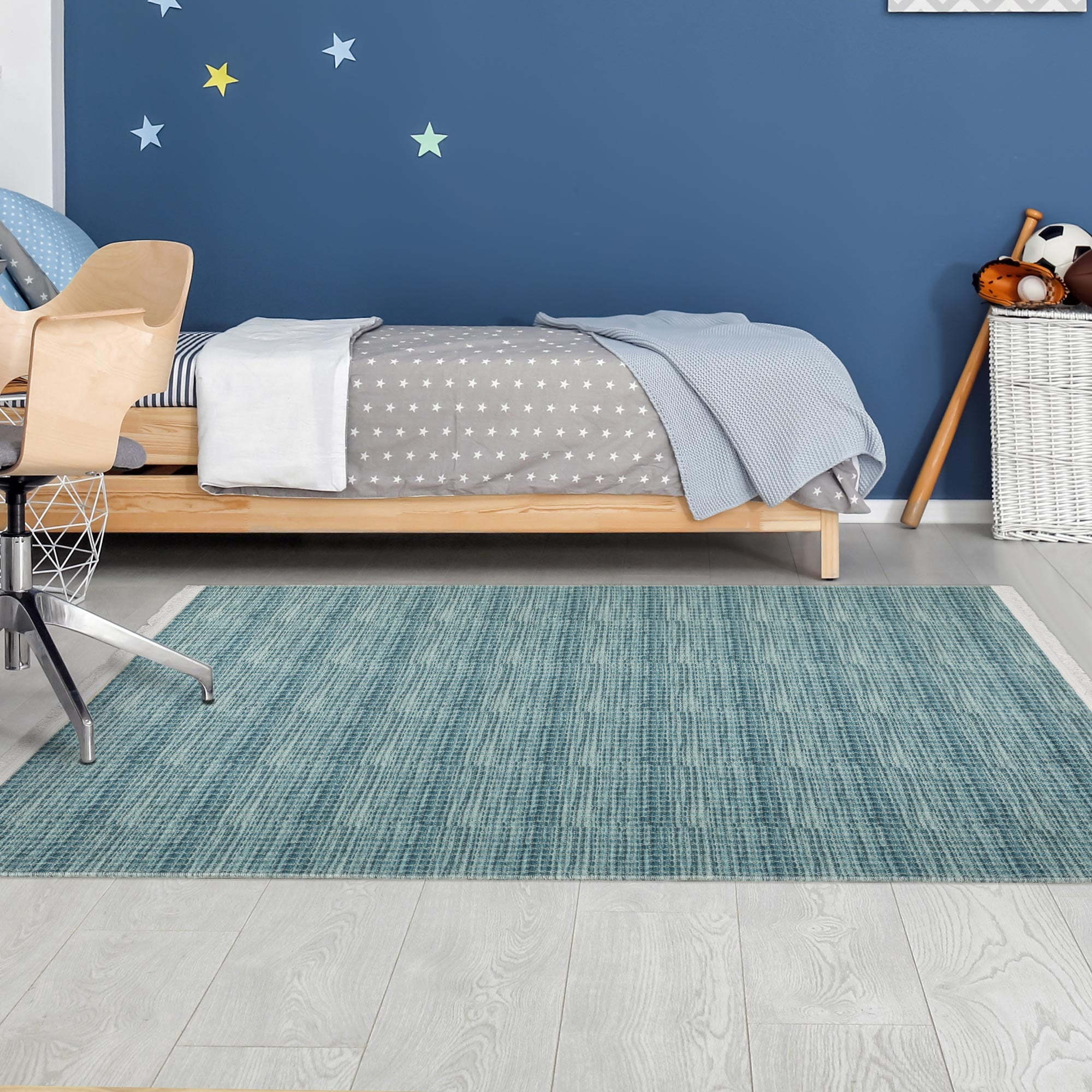 Ottomanson Machine Washable Cotton 4x6 Flatweave Area Rug for Living Room, 4' x 6', Blue Wicker Weave