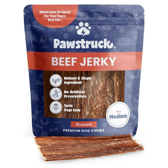 Pawstruck Natural Beef Jerky Chew Treats for Dogs, 4"-6" Strips - 15 Count