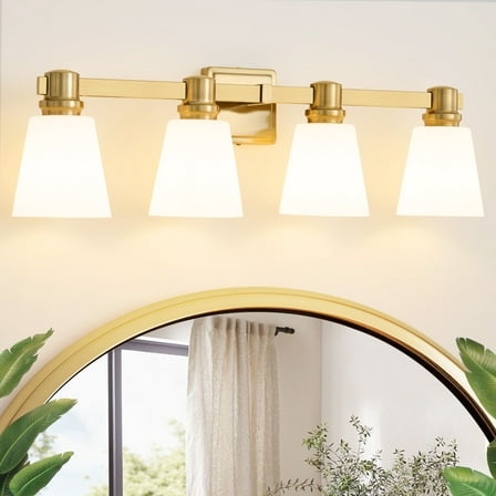 Deyidn 30" 4-Light Vanity Light, Gold Dimmable Bathroom Light Fixture with Milk White Cone Shades for Modern Farmhouse