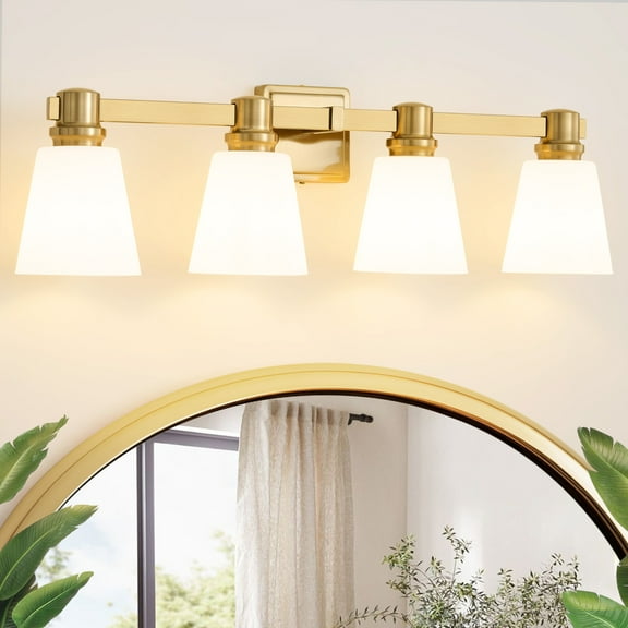 Deyidn 30" 4-Light Vanity Light, Gold Dimmable Bathroom Light Fixture with Milk White Cone Shades for Modern Farmhouse