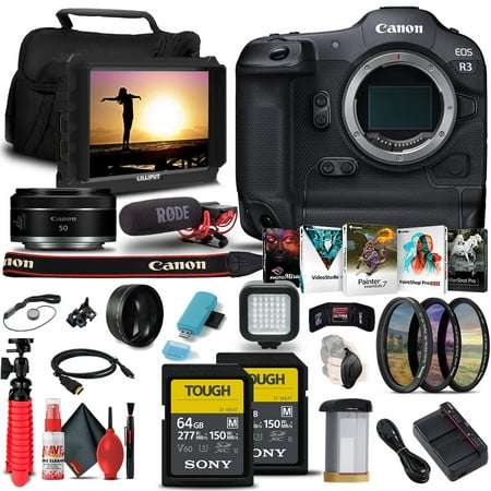 Canon EOS R3 Mirrorless Camera (4895C002) + Canon RF 50mm f/1.8 STM Lens (4515C002) + 4K Monitor + Rode VideoMic + 2 x Sony 64GB TOUGH SD Card + Filter Kit + Card Reader + LED Light + More