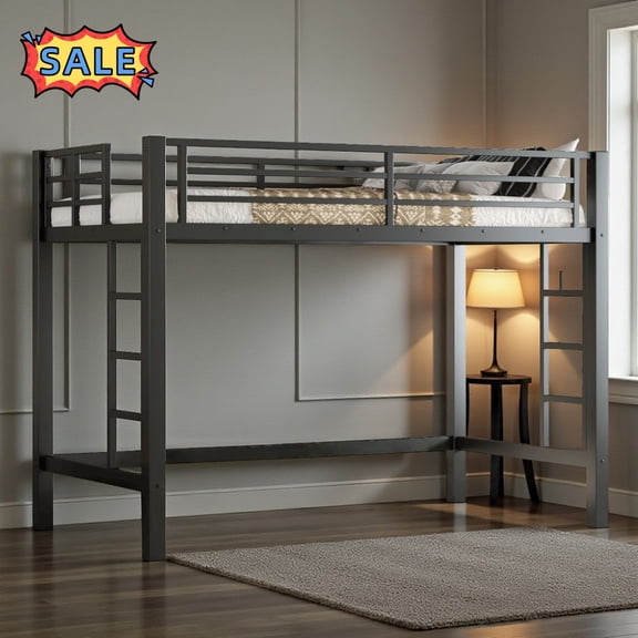 Tcbosik Twin XL Size Loft Bed, Heavy Duty Metal Bed Frame with Built-in Ladder and Full Length Guardrail, No Box Spring Needed, Black