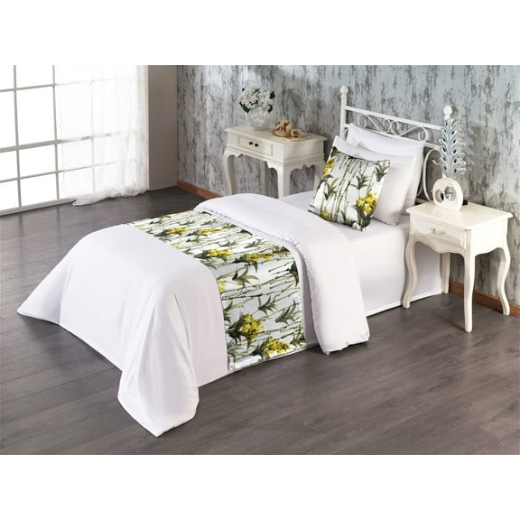 Botanical Bed Runner Set, Blurry Look Summer Meadow Blooming Flowers and Leaves in Watercolor, Decorative Bedding Scarf & a Pillow Sham for Hotels Homes, Twin, Dark Olive Green Mustard, by Ambesonne