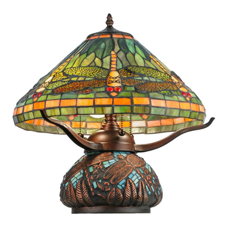 26681 Tiffany Table Light - Bronze-195pack - - Dragonfly Mahogany Three Tiffany - Meyda Lamp