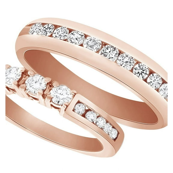 AFFY Round Cut White Natural Diamond His and Hers Wedding Band Set in 14K Rose Gold (0.88 Cttw)