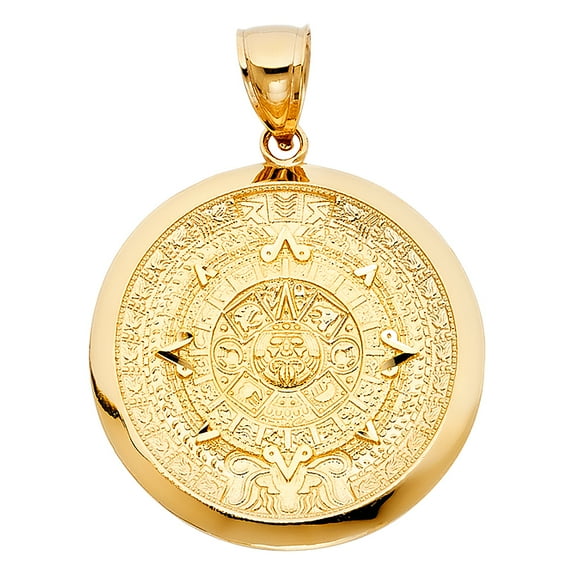 14k Yellow Gold Sun Calendar Medallion Pendant High Polish Ornate Aztec Charm Jewelry Female Unisex