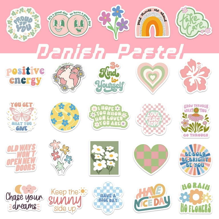 Inspirational Preppy Stickers Aesthetic Stickers 50pcs, Pink Things Stickers for Water Bottles Laptop Eikecy Danish Pastel Stickers for Kids Adults
