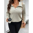 thumbnail image 5 of Women Plus Size Casual Knit Sweater Lapel V Neck Solid Color Tops Light-Weight Long Sleeve Blouses XXXL, 5 of 8