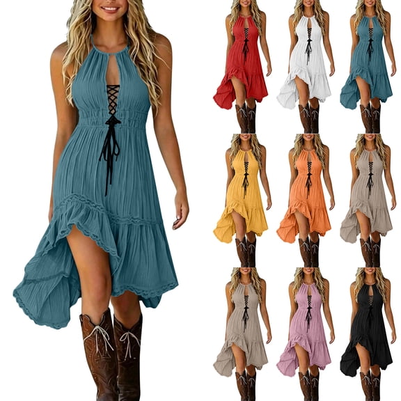 Noric Women's Halter Neck Dresses Lace Up Front Tiered Ruffle Asymmetrical Hem Summer Bohemian A Line Dresses