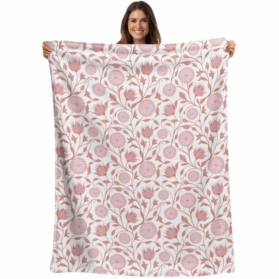 Pink Flowers Blanket Soft Cozy Warm Throw Blanket for Couch, Plush Fuzzy Flannel Fleece Blankets for Sofa, Rustic Vintage Botanical Plants Floral Bed Blankets Lightweight Gifts for Women, 50"x60"
