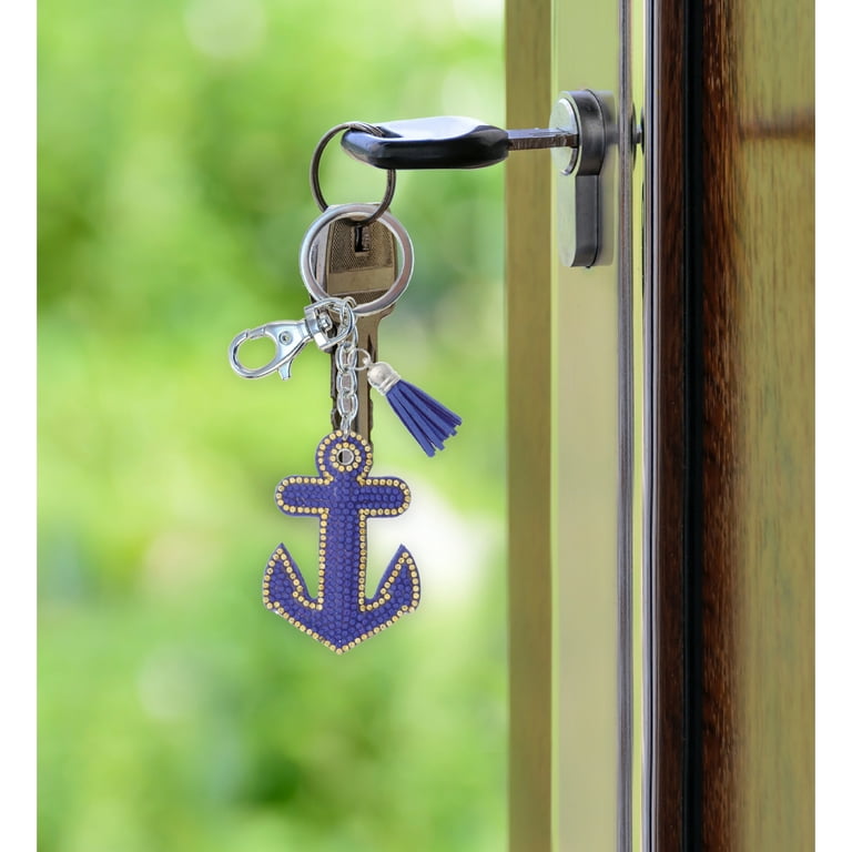 Aqua79 Anchor Keychain - Blue Sparkling Rhinestones Charm with Tassel, Fashionable Stylish Polyester PU Sea Life Key Ring Bling Crystal Jewelry