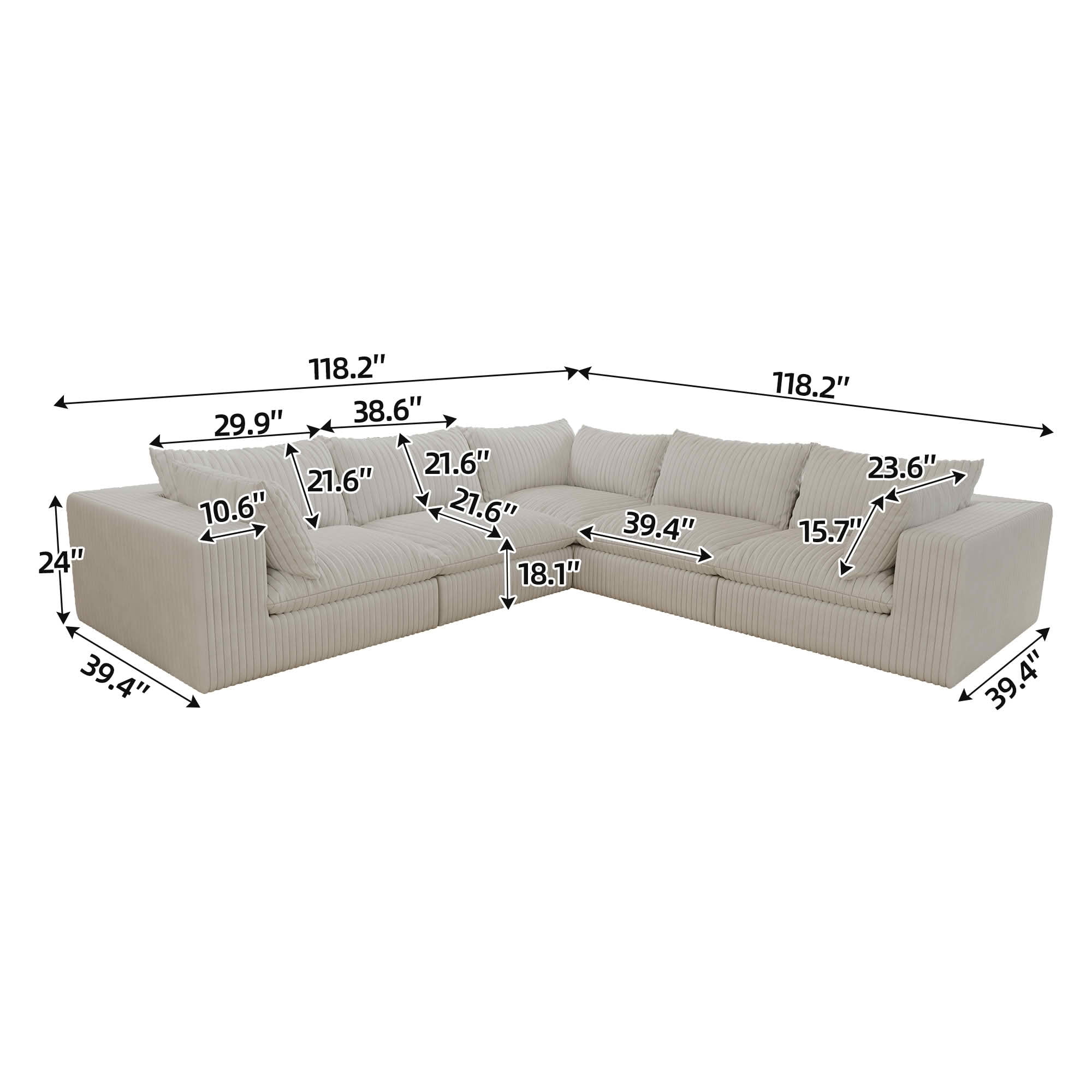 MAYEERTY 118.2" Cloud Corduroy Sofa, Deep Seat Double-Layer Design, Removable Cushion No Assembly, DIY Combination, White