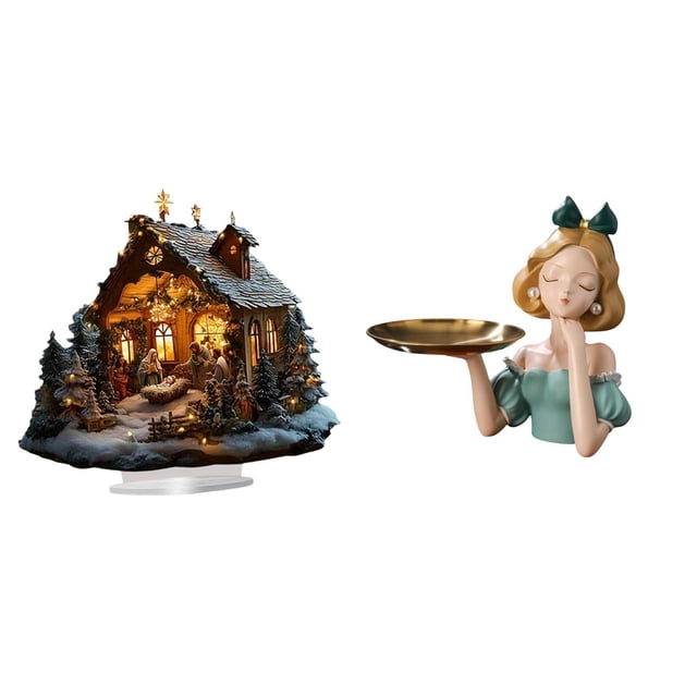 Escultura de la Natividad,Adorno acrílico 2D Adorno de pie,Centro de mesa con decoración de belén acrílico,Bandeja porta llaves,Bandeja para guardar llaves y dulces con figura de niña de
