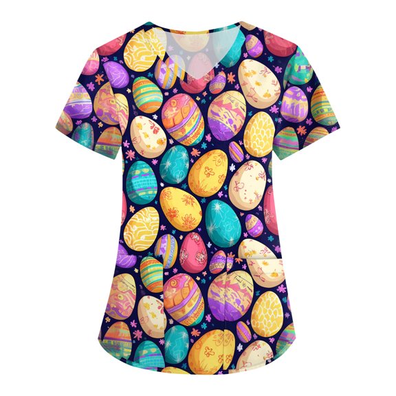 Easter Scrub Tops Women Loose V Neck Cute Rabbit & Egg Printed Scrub Shirts Casual Holiday Short Sleeve Scrubs Nursing Workwear Medical Nurse Uniform with Pockets Purple Pink 5XL