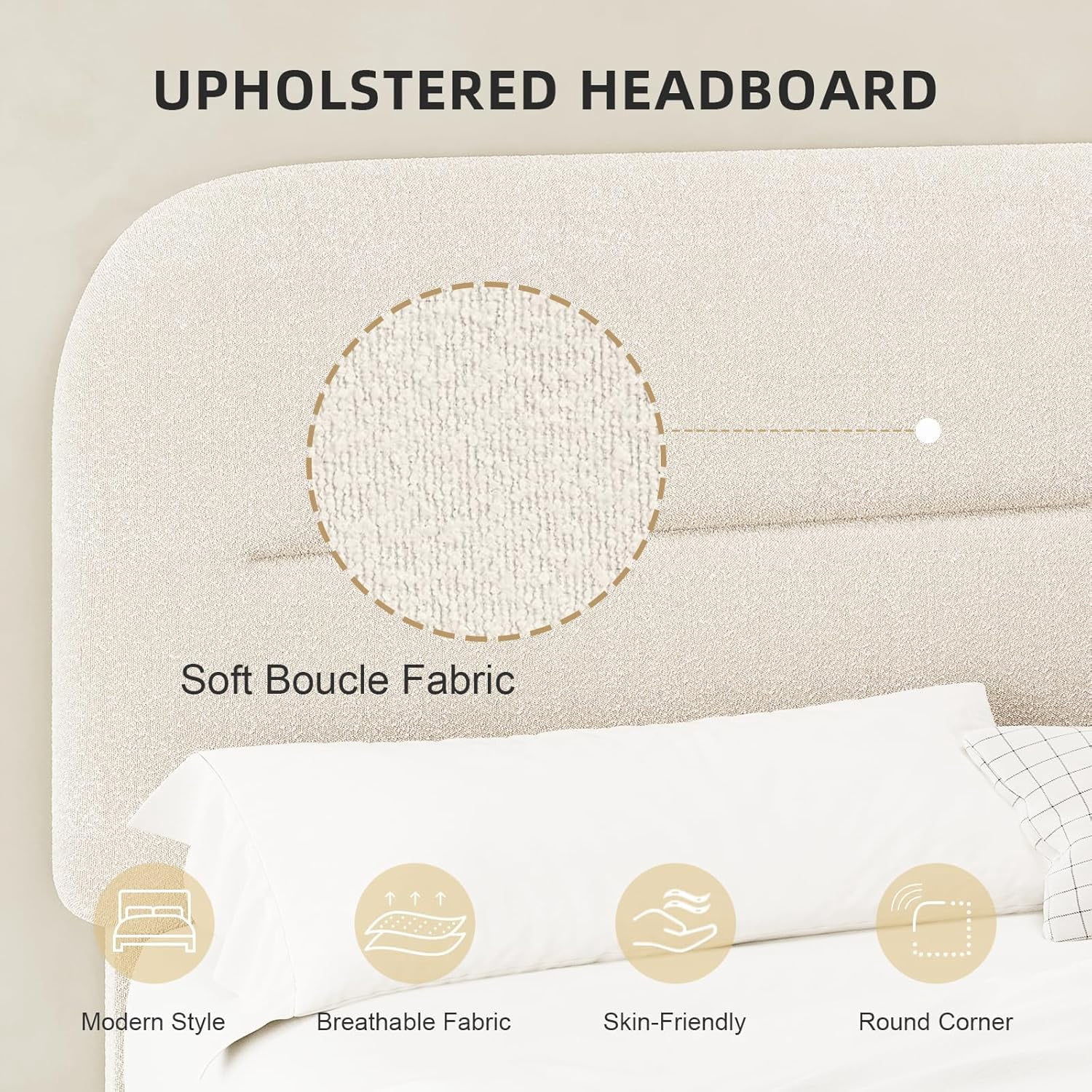 4 EVER WINNER Full Bed Frame with Headboard, Boucle Upholstered Platform Bed Frame wiith Rounded Corner, Soft Cloud Bed Frame, No Box Spring Needed, Cream