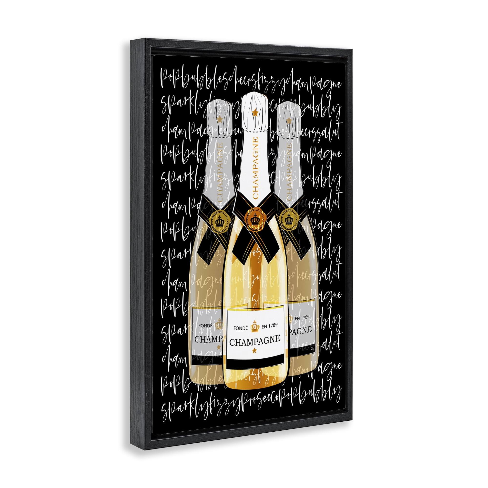 Stupell Industries Triple Champagne Bottle Love Black Framed Floater Canvas Wall Art, design by Martina Pavlova