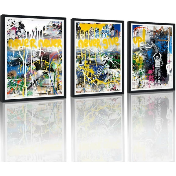 Hieng Large 3 Panels Abstract Wall Art Graffiti Love Grey Background Canvas Painting Poster for Street Living Room Wall Decor Unframed