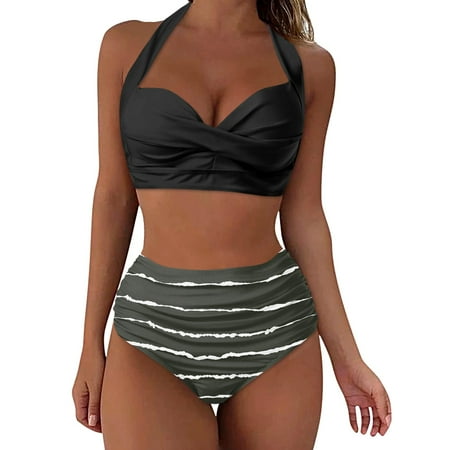 Two Piece Bikini for Women Modest High Waisted Bikini Sets Cute Halter 2 Piece Spaghetti Strap Top Thong Swimsuit Bathing Suit